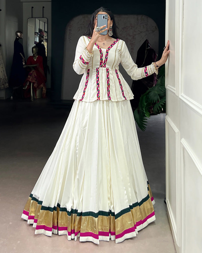 White Color Pure Rayon Embossed Navratri Lehenga Choli