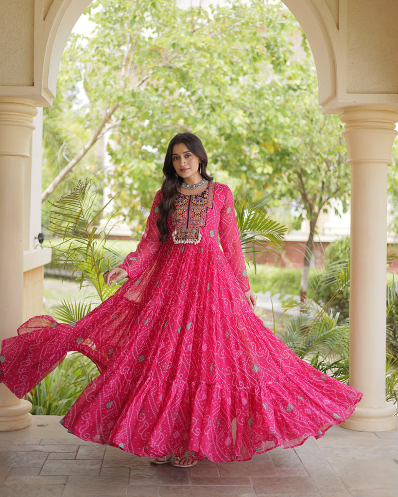 Pink Color Bandhani Print Faux Georgette Navratri Gown