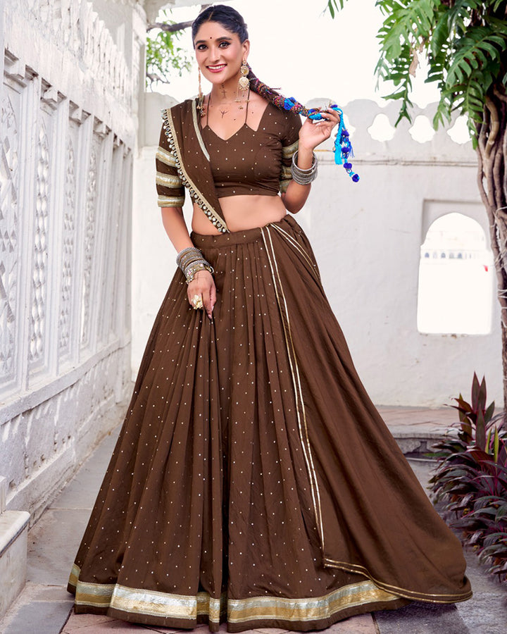 Classic Brown Color Pure Chanderi Navratri Lehenga Choli