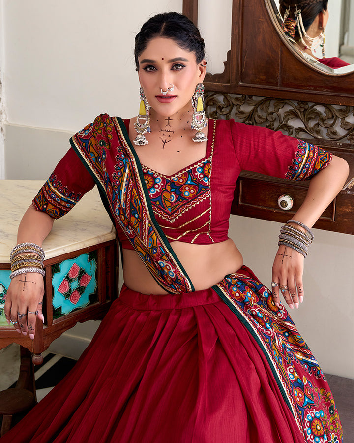 Red Color Tussar Silk Full Stitched Navratri Lehenga Choli