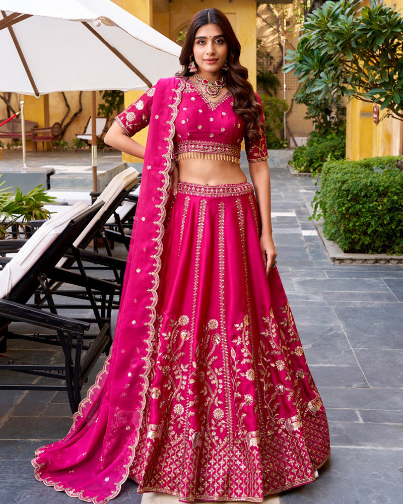 Rani Pink Color Natural Silk Embroidered Lehenga Choli