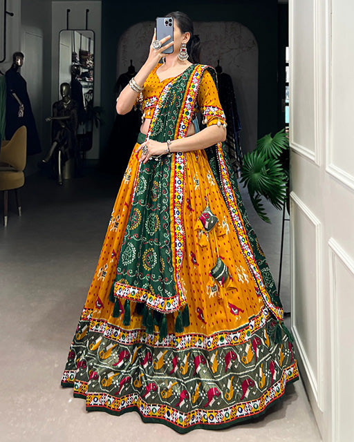 Mustard Color Tussar Silk Patola Printed Navratri Lehenga Choli