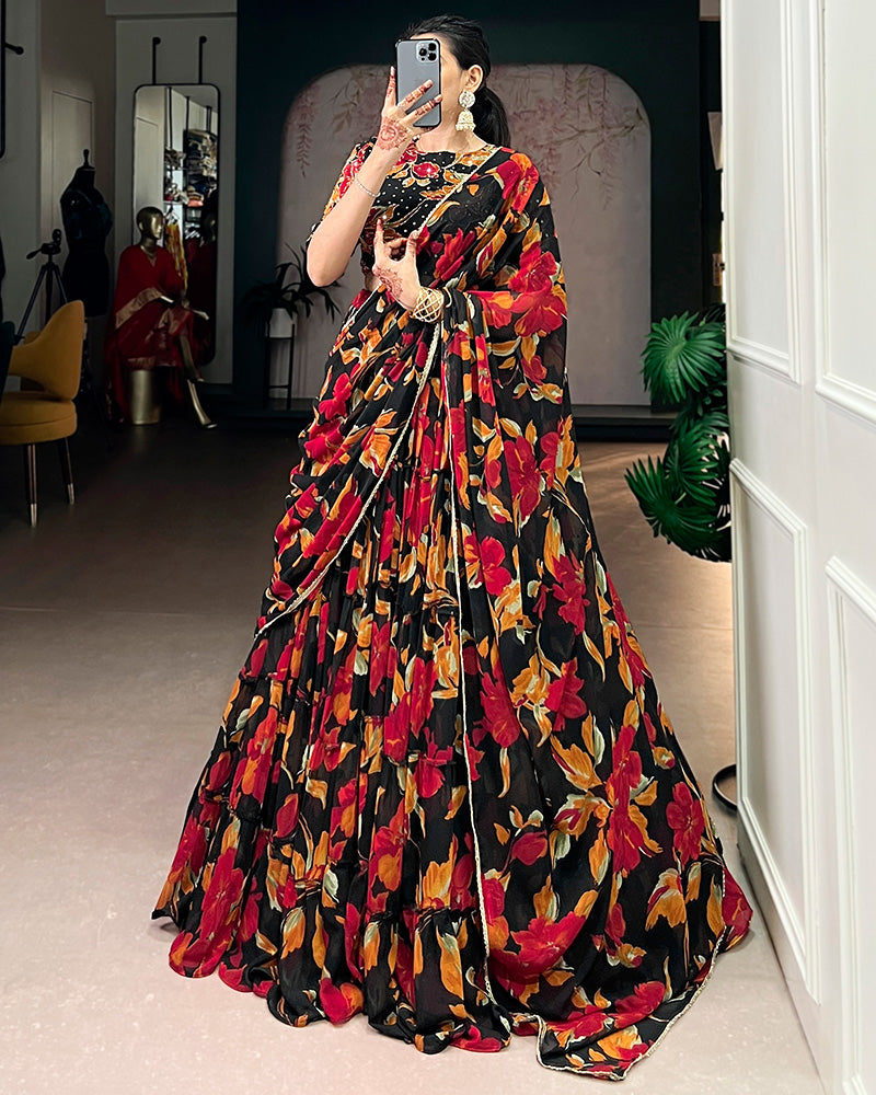 Black Color Marble Floral Printed Lehenga Choli