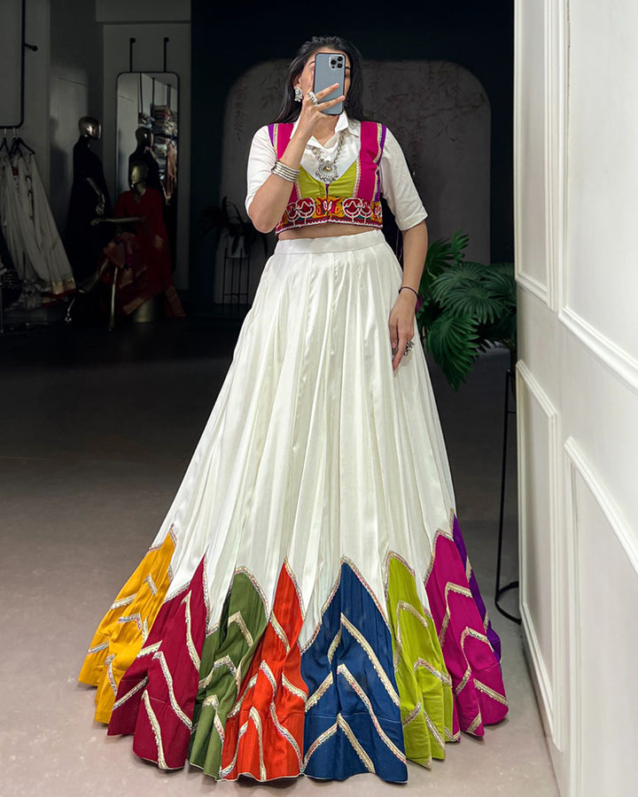 White Rayon Navratri Lehenga Choli WIth Multicolor Border