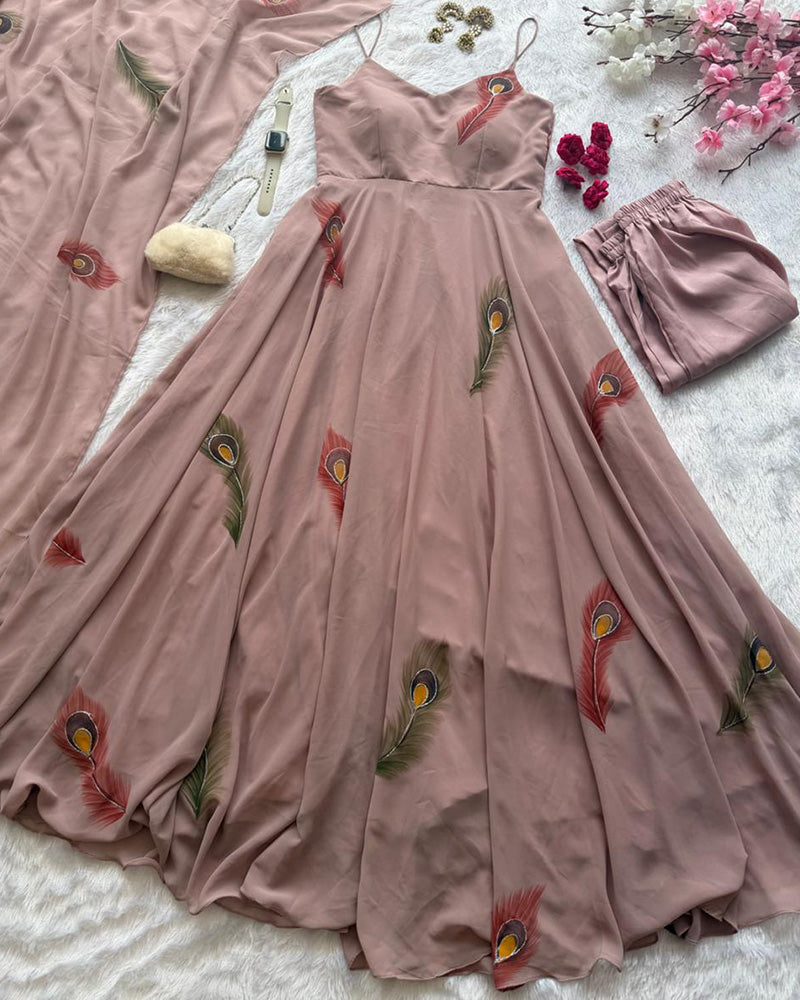 Chocolate Color Hand Printed Georgette Anarkali Suit