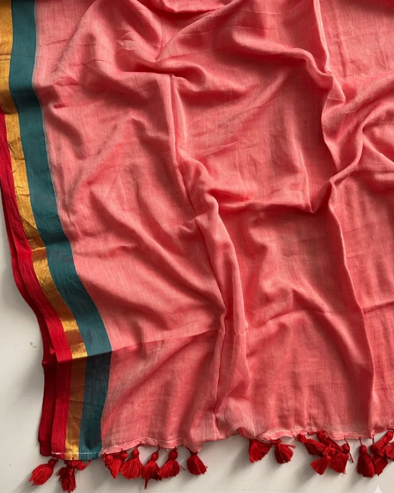 Traditional Pink Color Pure Mal Cotton Saree