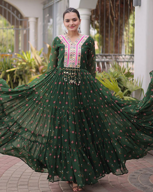 Green Color Faux Georgette Leheriya Print Navratri Gown