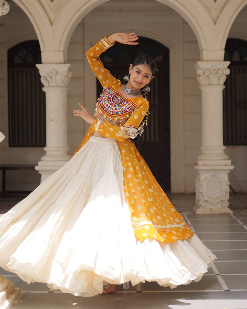 Yellow Color Bandhani Print Kurti With Kora Cotton Lehenga