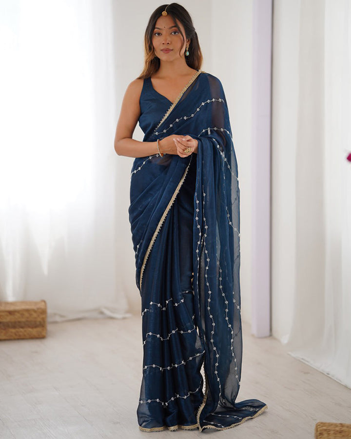 Navy Blue Color Smooth Sitara Embroidered Saree