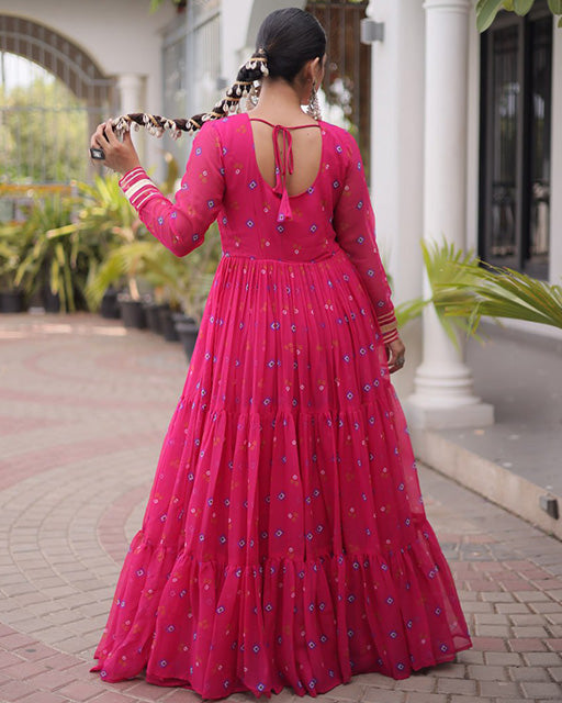 Rani pink Color Faux Georgette Leheriya Print Navratri Gown