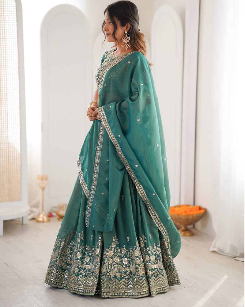 Teal Green Color Shimmer Silk Lehenga Choli