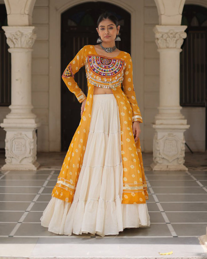 Yellow Color Bandhani Print Kurti With Kora Cotton Lehenga