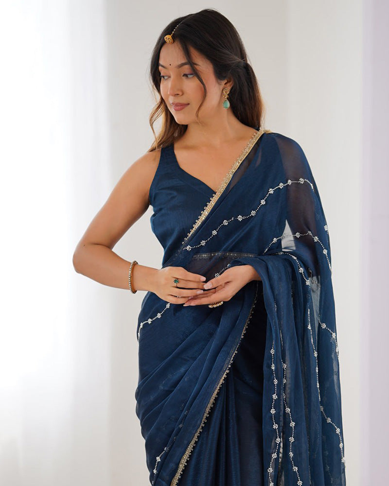 Navy Blue Color Smooth Sitara Embroidered Saree