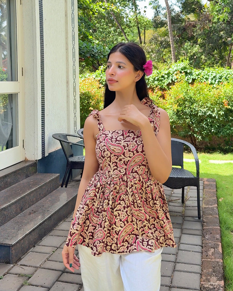 Maroon Color Pure Cotton Kalamkari Printed Tunic