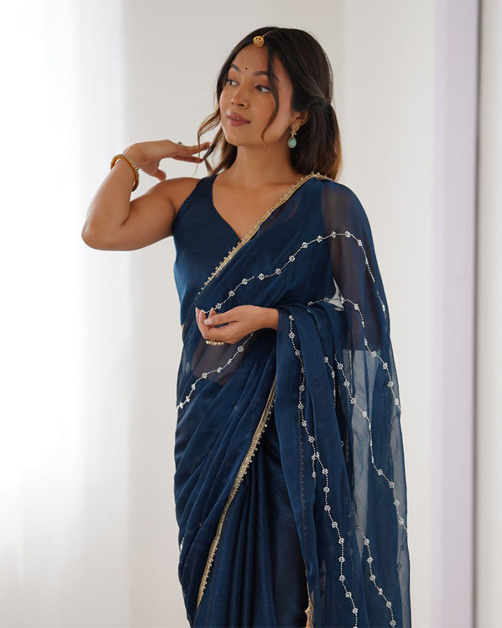 Navy Blue Color Smooth Sitara Embroidered Saree