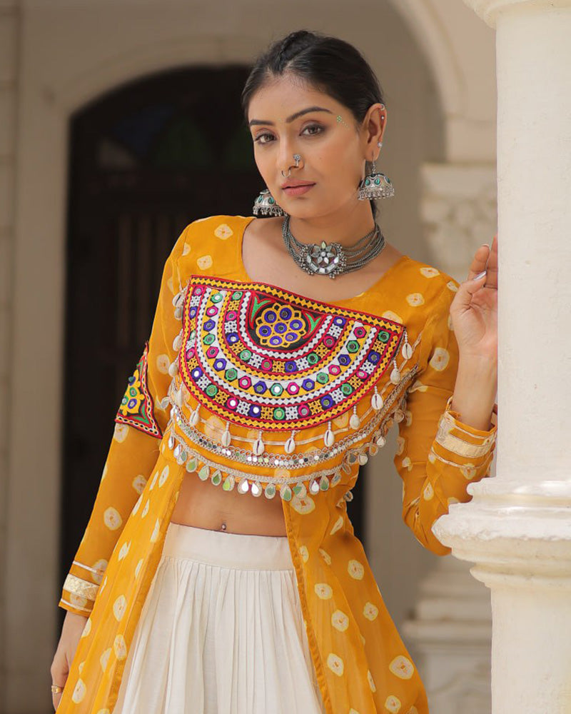 Yellow Color Bandhani Print Kurti With Kora Cotton Lehenga
