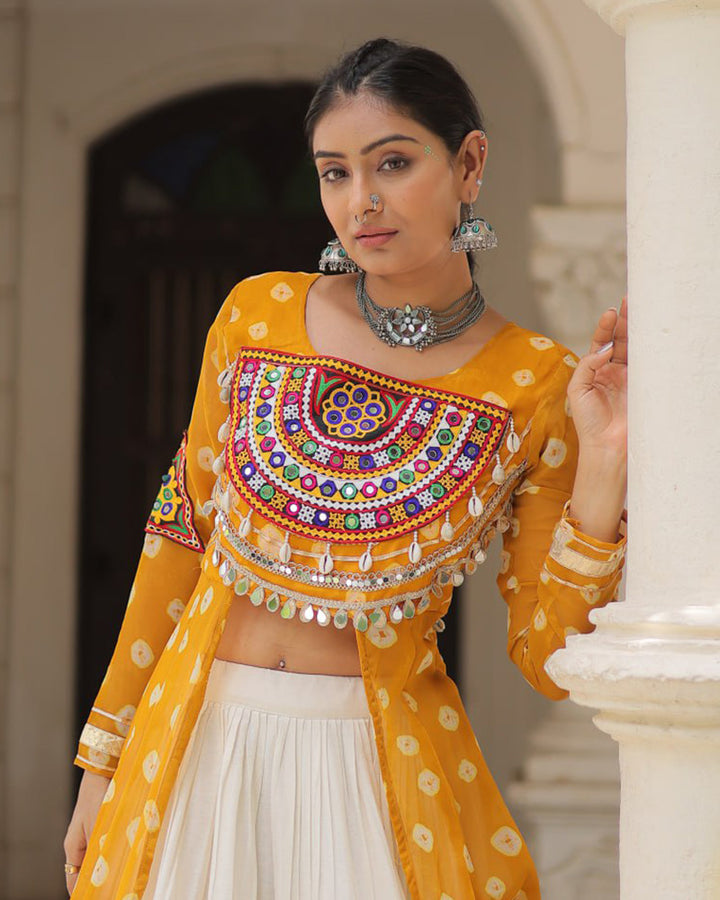 Yellow Color Bandhani Print Kurti With Kora Cotton Lehenga