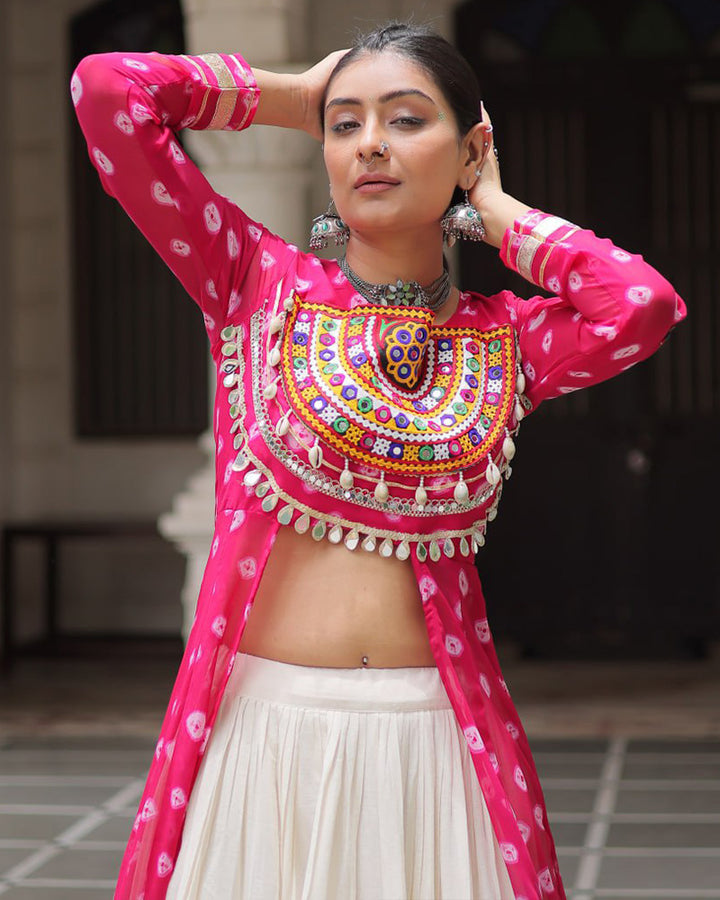 Pink Color Bandhani Print Kurti With Kora Cotton Lehenga