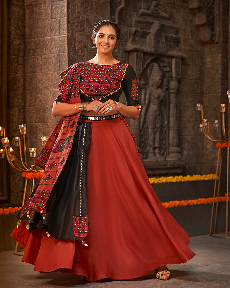 Orange Color Cotton Thread With Mirror Work Navratri Lehenga Choli