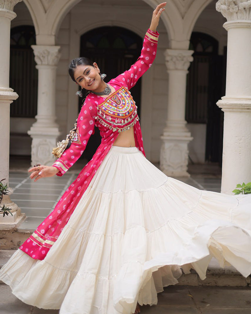 Pink Color Bandhani Print Kurti With Kora Cotton Lehenga
