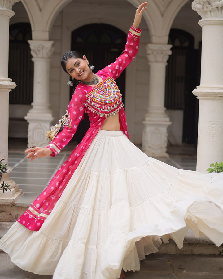 Pink Color Bandhani Print Kurti With Kora Cotton Lehenga