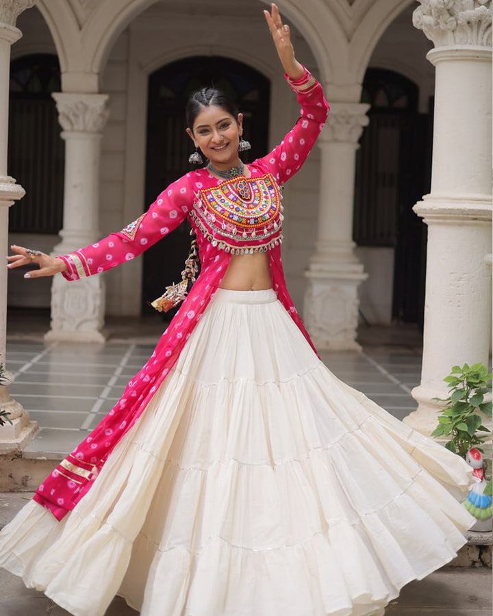 Pink Color Bandhani Print Kurti With Kora Cotton Lehenga