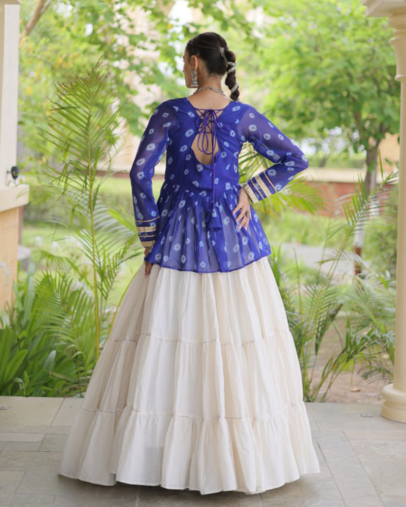 Blue Color Bandhani Printed With Kora Cotton Navratri Lehenga Set