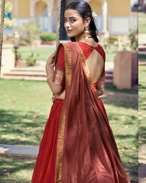 Orange Color Poly Cotton Zari Weaving Half Saree