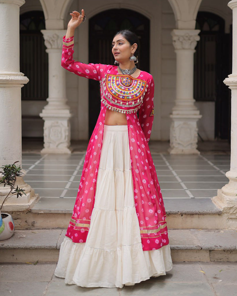 Pink Color Bandhani Print Kurti With Kora Cotton Lehenga