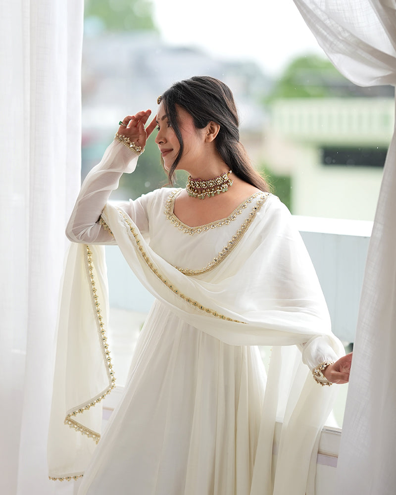 Off White Pure Mal Chanderi Three Piece Anarkali Suit