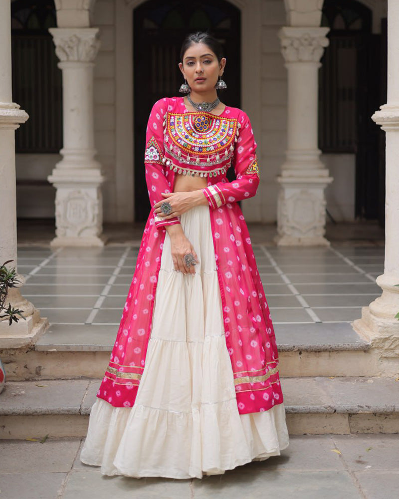 Pink Color Bandhani Print Kurti With Kora Cotton Lehenga