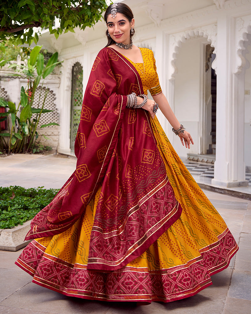 Elegant Yellow Color Tussar Silk Bandhej Navratri Lehenga Choli
