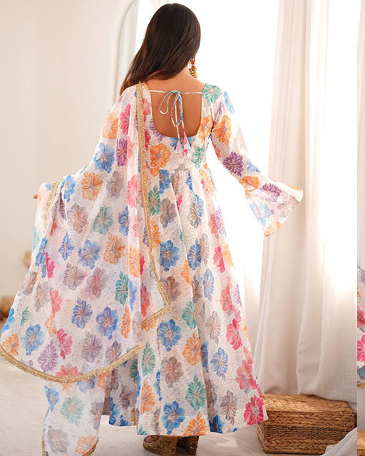 White Color Printed Organza Anarkali Suit