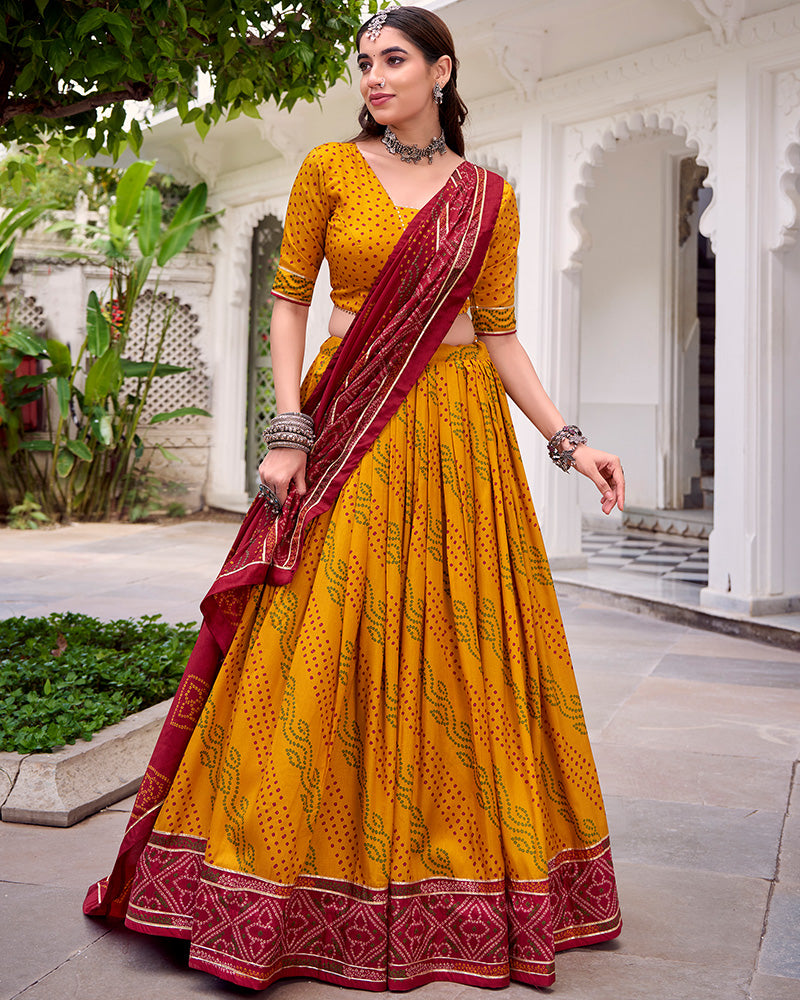 Elegant Yellow Color Tussar Silk Bandhej Navratri Lehenga Choli