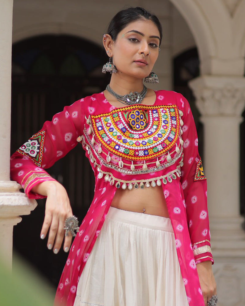 Pink Color Bandhani Print Kurti With Kora Cotton Lehenga