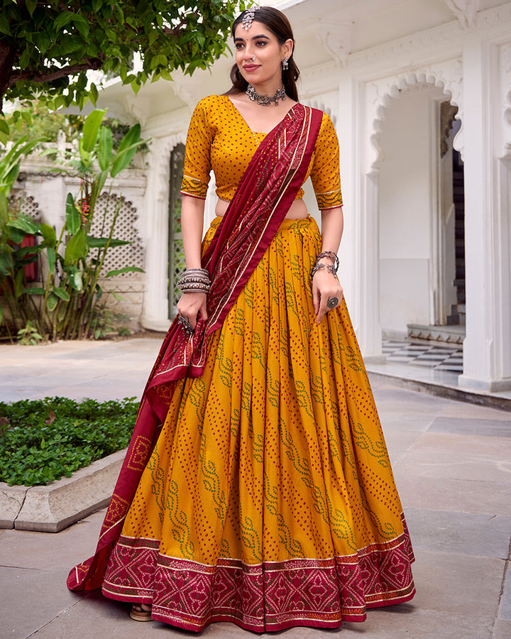 Elegant Yellow Color Tussar Silk Bandhej Navratri Lehenga Choli