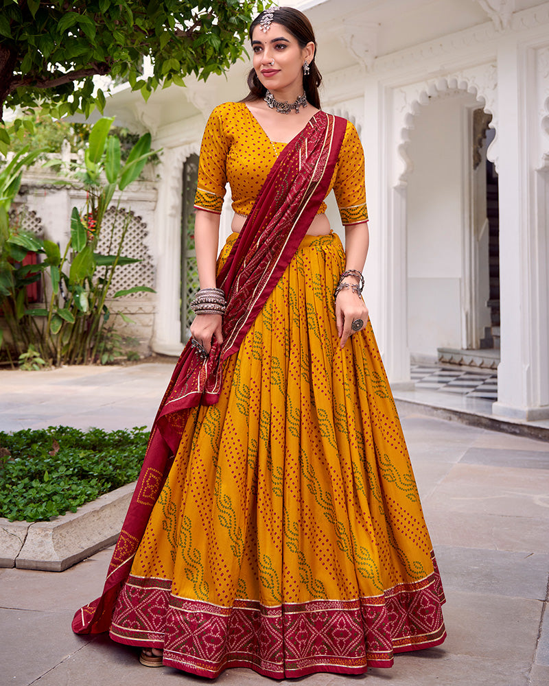 Elegant Yellow Color Tussar Silk Bandhej Navratri Lehenga Choli