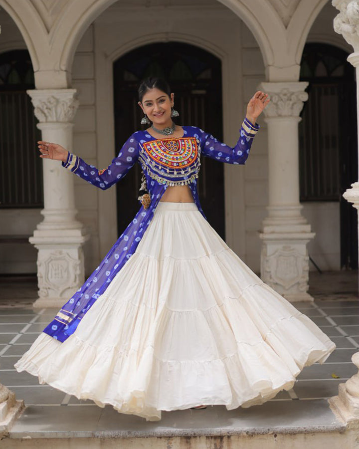 Blue Color Bandhani Print Kurti With Kora Cotton Lehenga