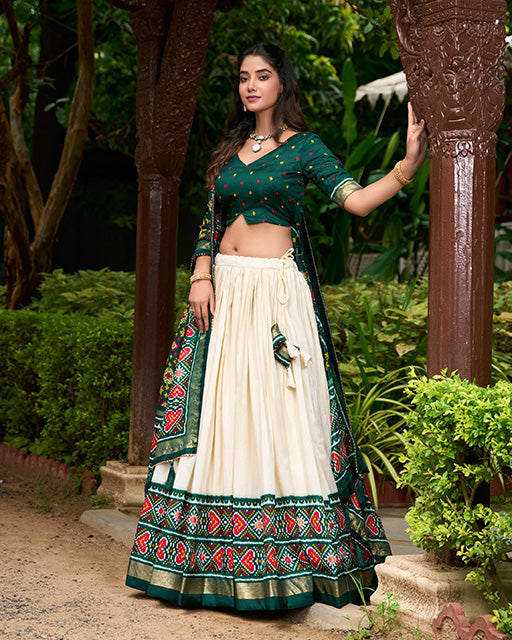 Green Color Tussar Silk Patola Printed Lehenga Choli