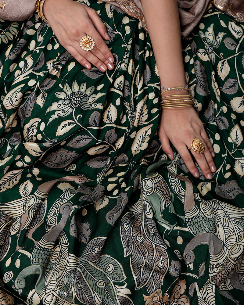 Green Color Tussar Silk Kalamkari Printed Lehenga Choli