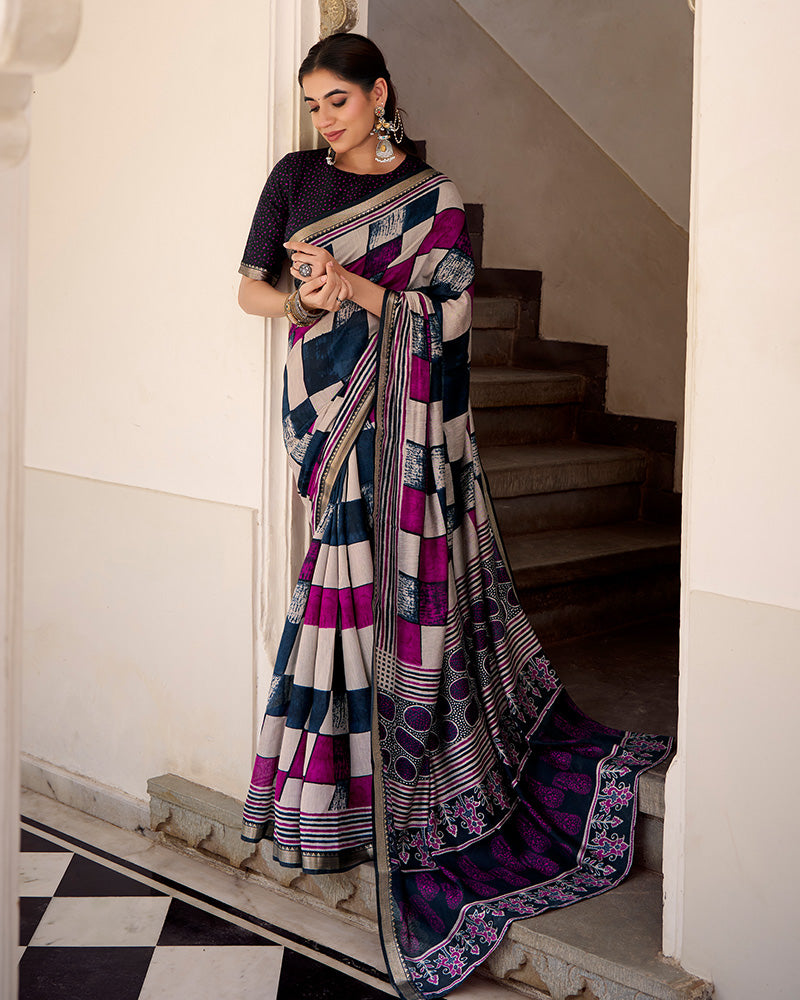 Navy Blue Color Polyester Chanderi Printed Saree