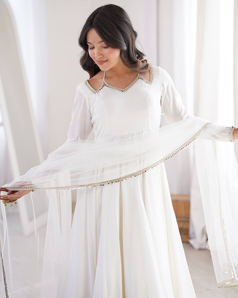 White Color Chanderi Roman Silk Three Piece Anarkali Suit