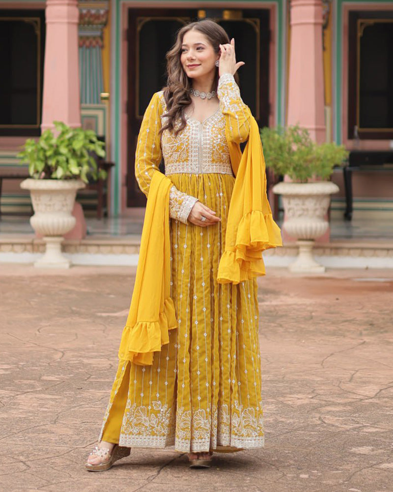 Yellow Color faux Georgette Embroidered Sharara Suit