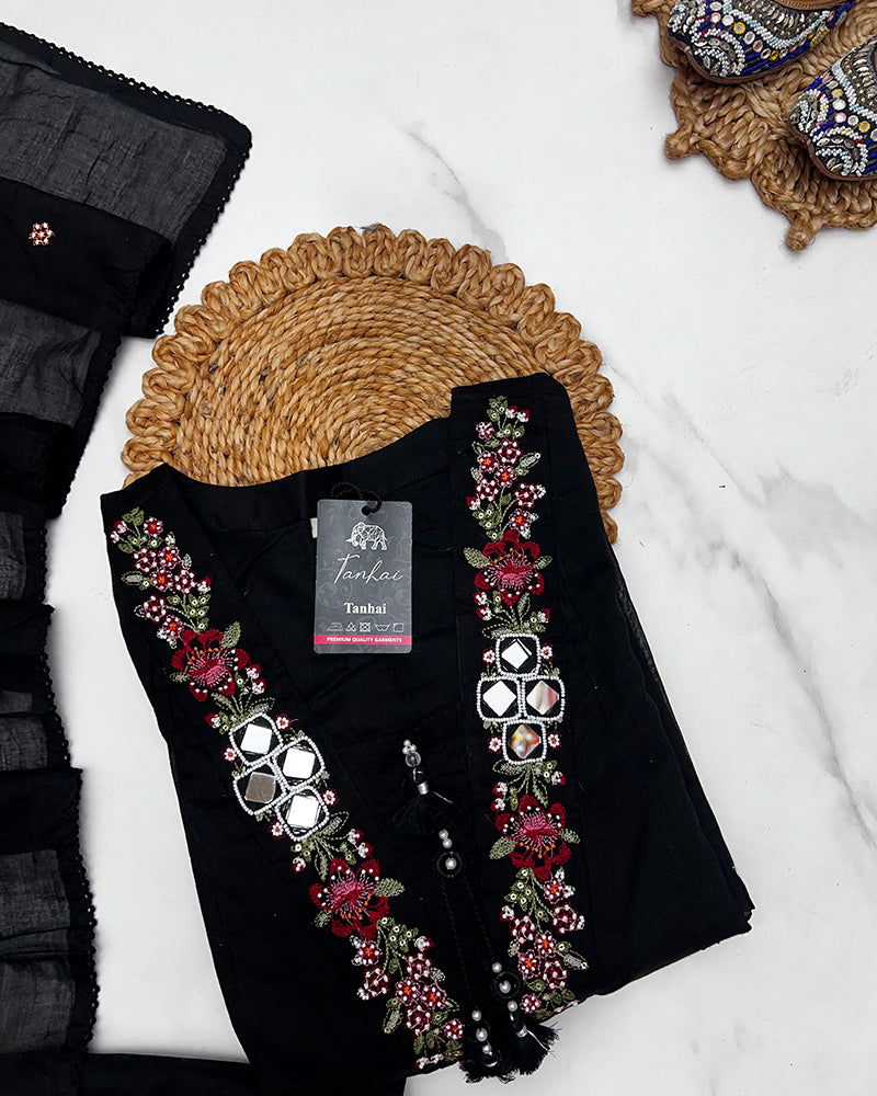 Black Color Mal Cotton Three Piece Kurti Suit