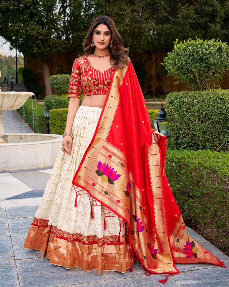 White Color Paithani Silk Embroidered Lehenga Choli
