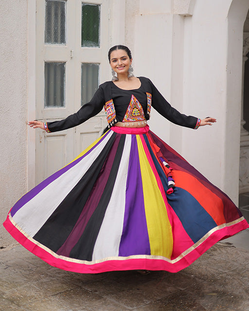 Multi Color Roman Lehenga With Black Koti Style Blouse