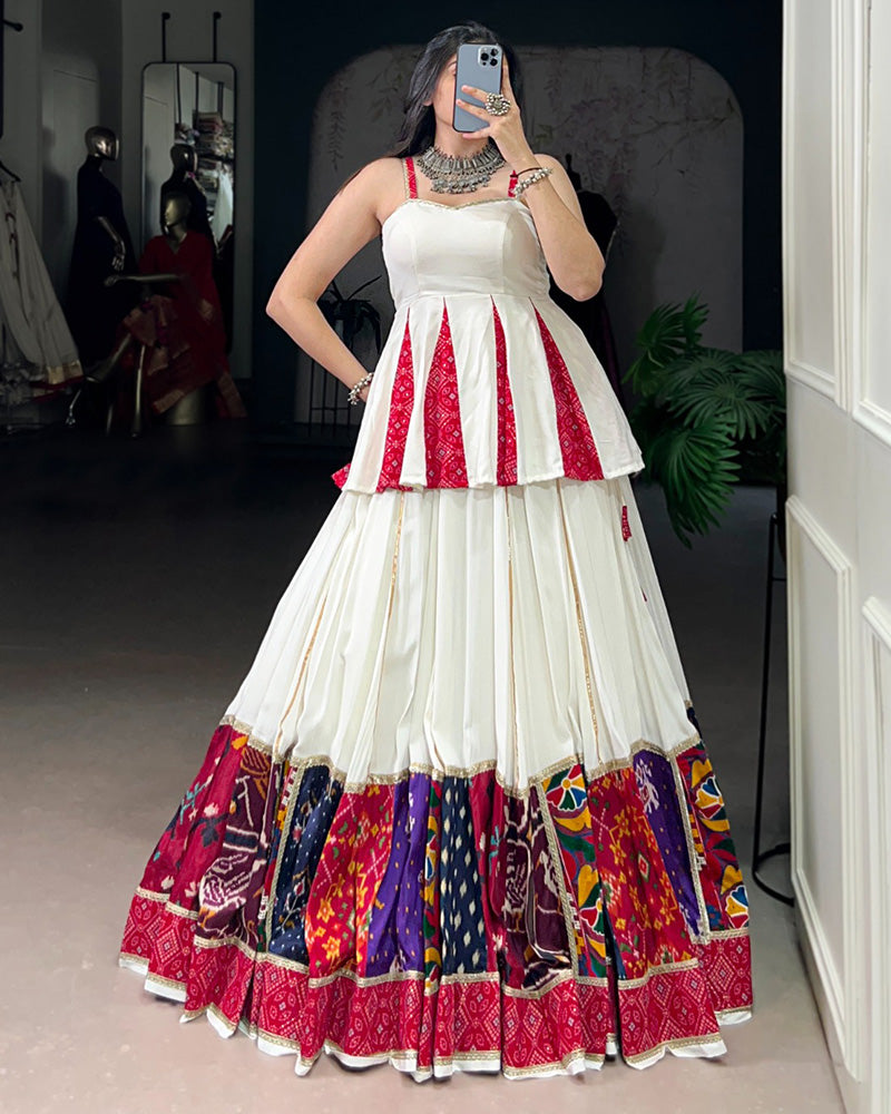Graceful White Navratri Lehenga Choli With Traditional Prints