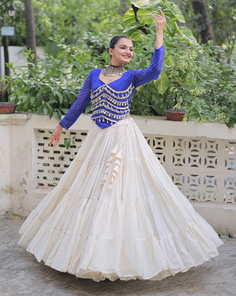 Royal Blue Color Laheriya Print Kurti With Kora Cotton Lehenga
