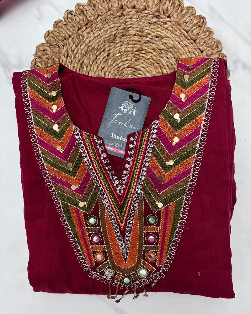 Maroon Color Mal Cotton Three Piece Kurti Suit