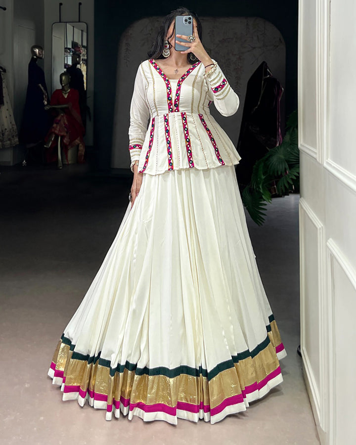 White Color Pure Rayon Embossed Navratri Lehenga Choli